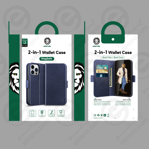 کیف چرمی گرین آیفون 13 پرو مکس مدل Green Lion 2 in 1 Magsafe Leather Wallet (1)
